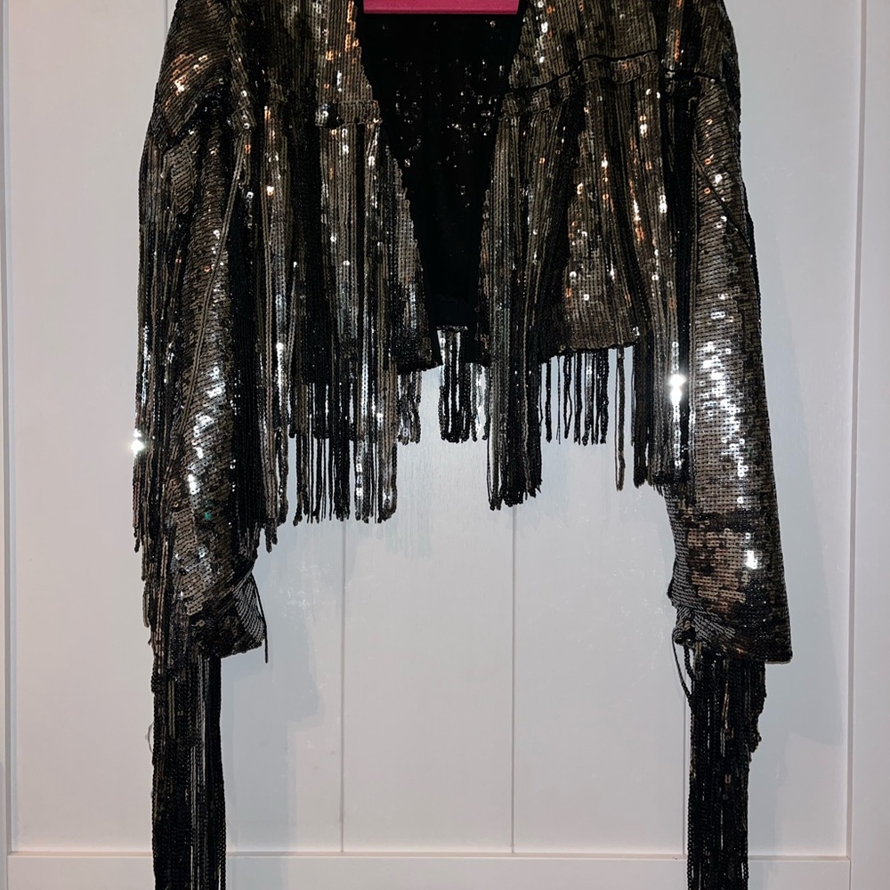 Anthropologie Black Sequin Fringe Blazer